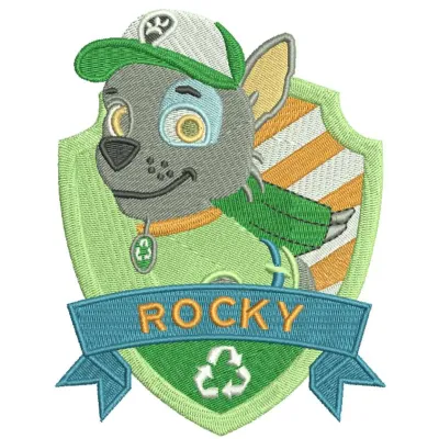 Rocky 2 embroidery design featuring a playful pup from Paw Patrol, ideal for stitching on t-shirts and tote bags.