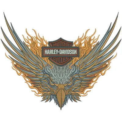 Harley Davidson flamed eagle embroidery design showcasing intricate details, ideal for motorcycle-themed projects.