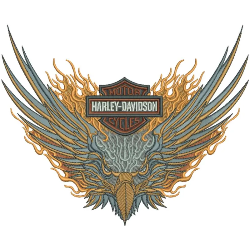 Harley Davidson flamed eagle embroidery design showcasing intricate details, ideal for motorcycle-themed projects.