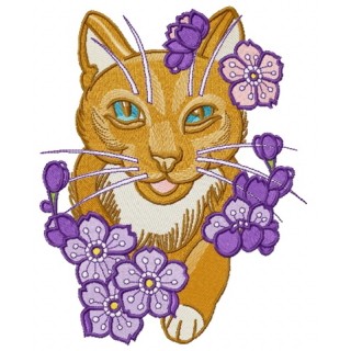 Kitty with purple flowers embroidery design - Embroidery Design