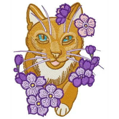 Embroidery design of a playful kitty surrounded by vibrant purple flowers, perfect for various fabric projects.