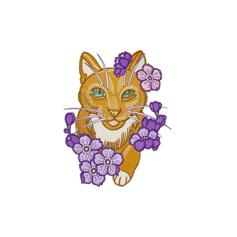 Embroidery design of a playful kitty surrounded by vibrant purple flowers, perfect for various fabric projects.