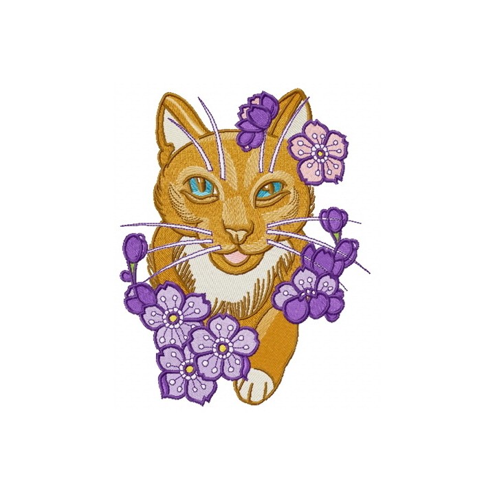 Kitty with purple flowers embroidery design - Embroidery Design