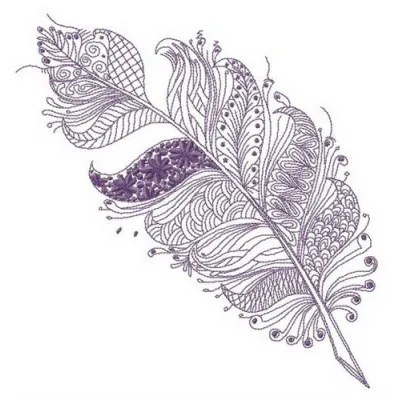Embroidery design featuring a feather adorned with floral and geometric patterns, ideal for various stitched projects.