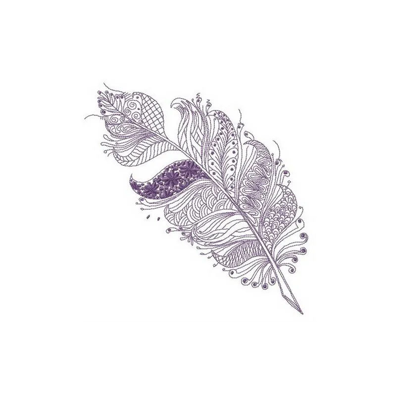 Embroidery design featuring a feather adorned with floral and geometric patterns, ideal for various stitched projects.