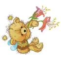 Embroidery design of a bear in a bee costume surrounded by flowers, perfect for teddy bear projects.