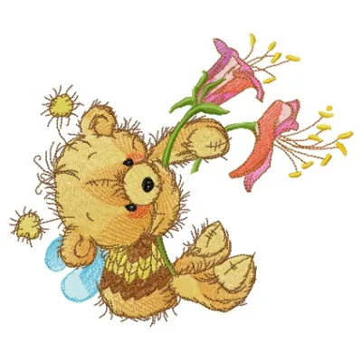 Embroidery design of a bear in a bee costume surrounded by flowers, perfect for teddy bear projects.