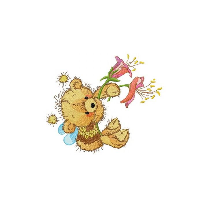 Bear in bee costume with flowers embroidery design - Embroidery Design