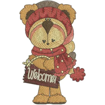 Teddy welcome embroidery design featuring a cheerful teddy bear, perfect for welcoming home decor projects.