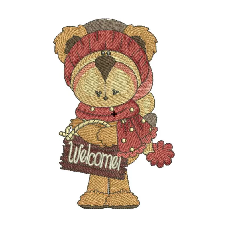 Teddy welcome embroidery design featuring a cheerful teddy bear, perfect for welcoming home decor projects.
