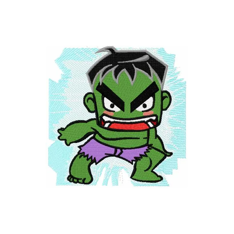 Chibi Incredible Hulk embroidery design preview for creative stitching projects on apparel and accessories.