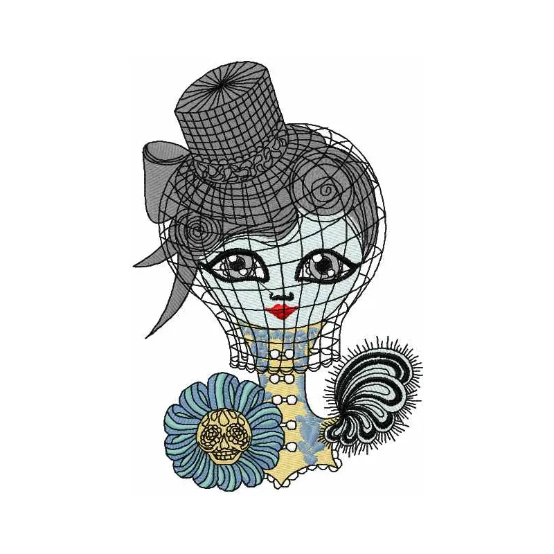 Strange doll embroidery design showcasing a whimsical stitched motif for girls and women, perfect for creative projects.