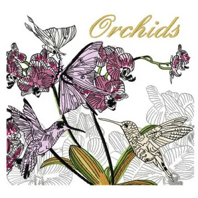 Orchids embroidery design showcasing intricate floral patterns for creative stitching on various fabric projects.