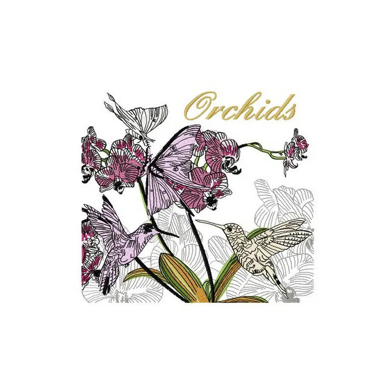 Orchids embroidery design showcasing intricate floral patterns for creative stitching on various fabric projects.