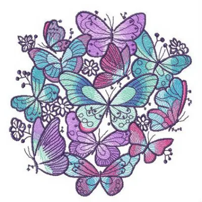 Embroidery design featuring delicate blue and violet butterflies, ideal for stitching on various fabrics.
