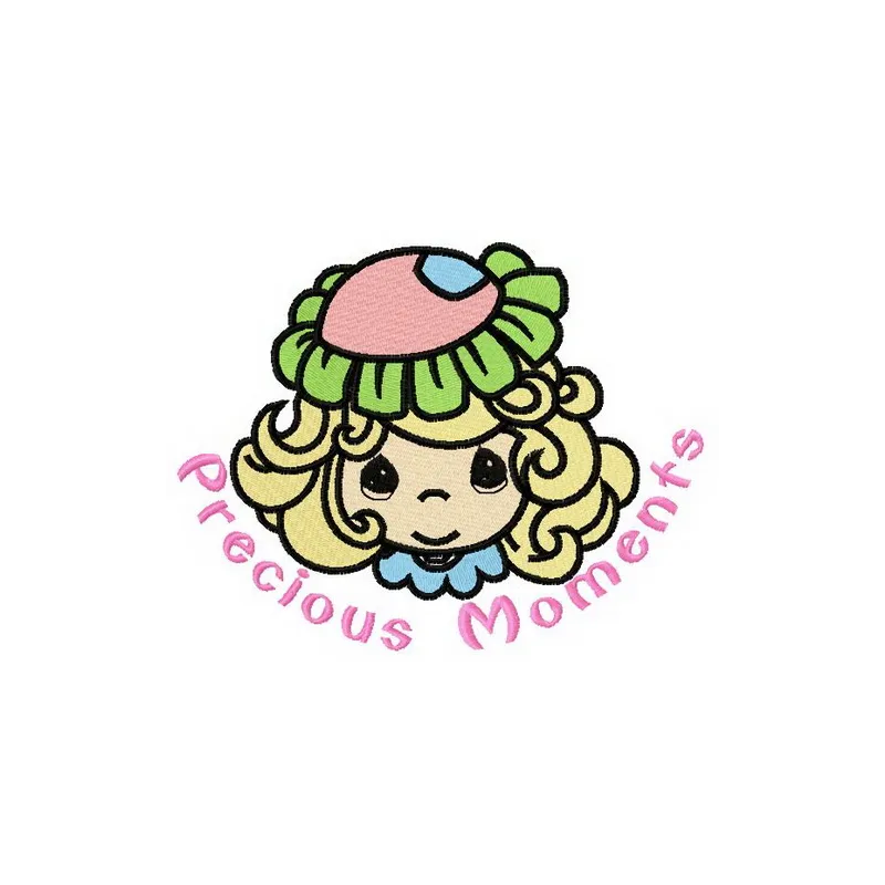 Embroidery design featuring a girl wearing a flower hat, perfect for adding charm to various stitching projects.