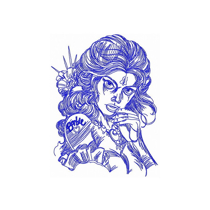 Girl with Barbie tattoo sketch embroidery design - Embroidery Design