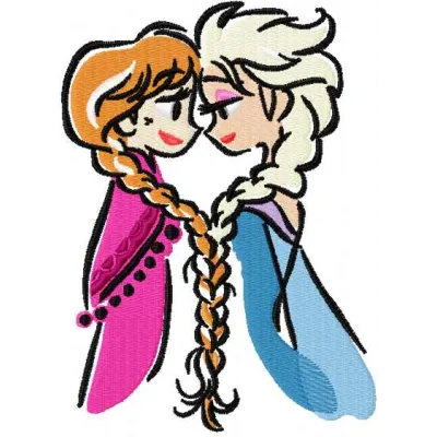 Anna and Elsa color sketch embroidery design inspired by Frozen, showcasing intricate stitching patterns.