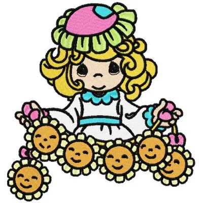 Embroidery design featuring a girl surrounded by vibrant sunflowers, perfect for stitching on t-shirts or pillows.