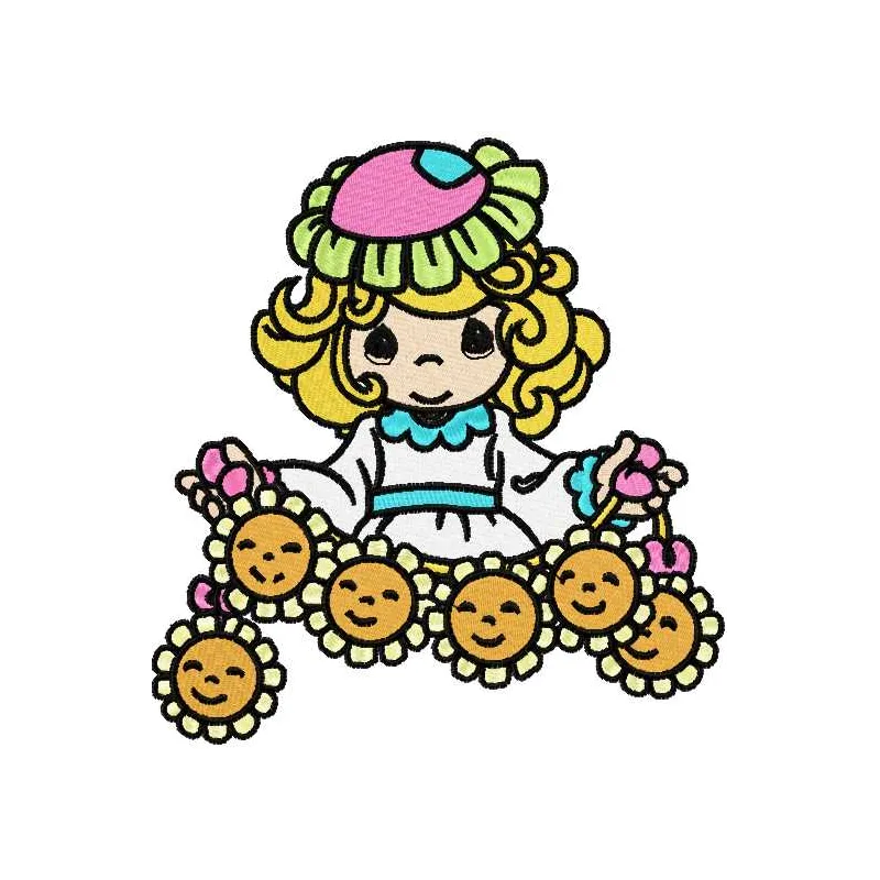 Embroidery design featuring a girl surrounded by vibrant sunflowers, perfect for stitching on t-shirts or pillows.