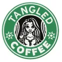 Tangled coffee embroidery design featuring Rapunzel and Flynn Rider, perfect for stitching on tote bags or hoodies.