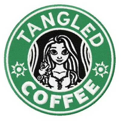 Tangled coffee embroidery design featuring Rapunzel and Flynn Rider, perfect for stitching on tote bags or hoodies.