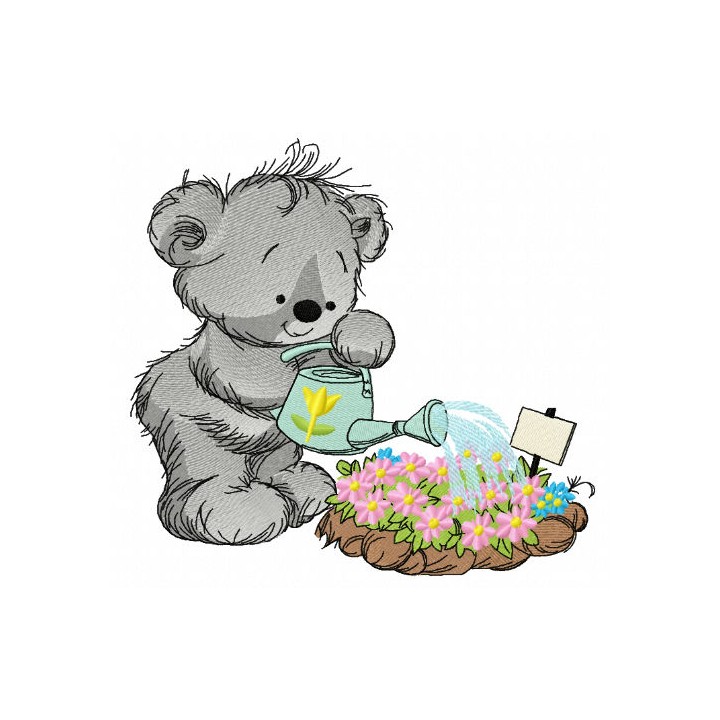 Teddy bear with watering can 6 embroidery design - Embroidery Design