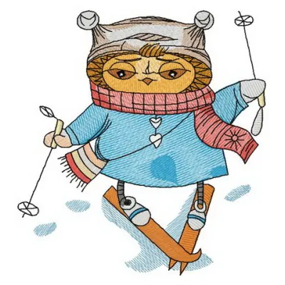 Owl skiing embroidery design featuring a whimsical owl on skis, ideal for adding charm to apparel and home decor.