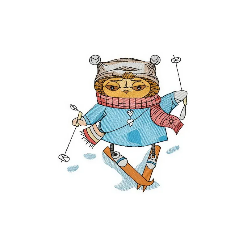 Owl skiing embroidery design featuring a whimsical owl on skis, ideal for adding charm to apparel and home decor.