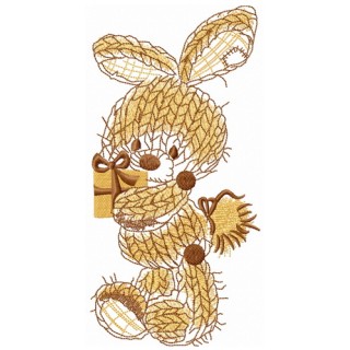 Beige knitted bunny with present embroidery design - Embroidery Design