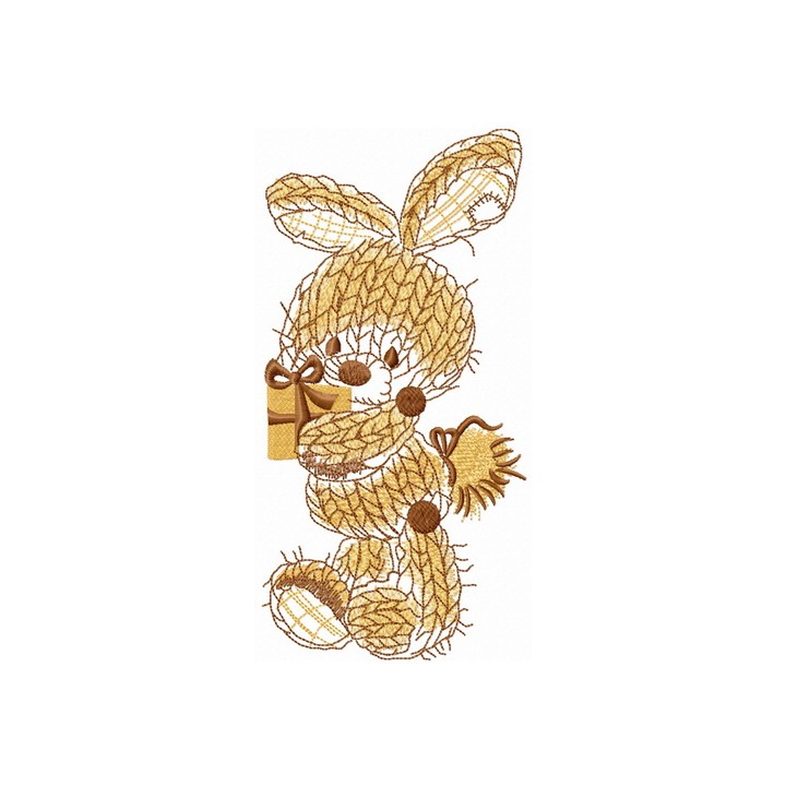 Beige knitted bunny with present embroidery design - Embroidery Design