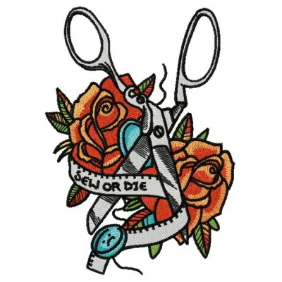 Sew or Die embroidery design featuring bold lettering and creative motifs for crafting on various fabric items.