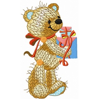 Knitted bear with present embroidery design - Embroidery Design
