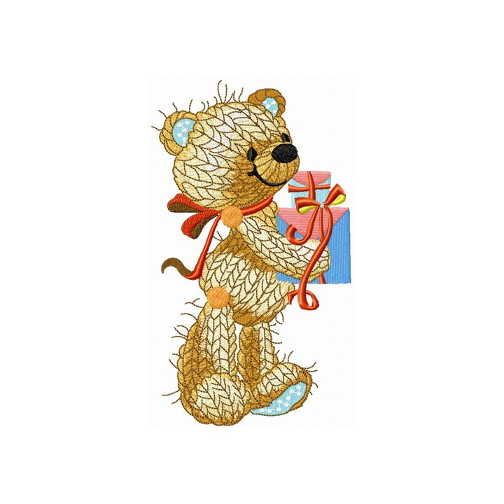 Knitted bear with present embroidery design - Embroidery Design