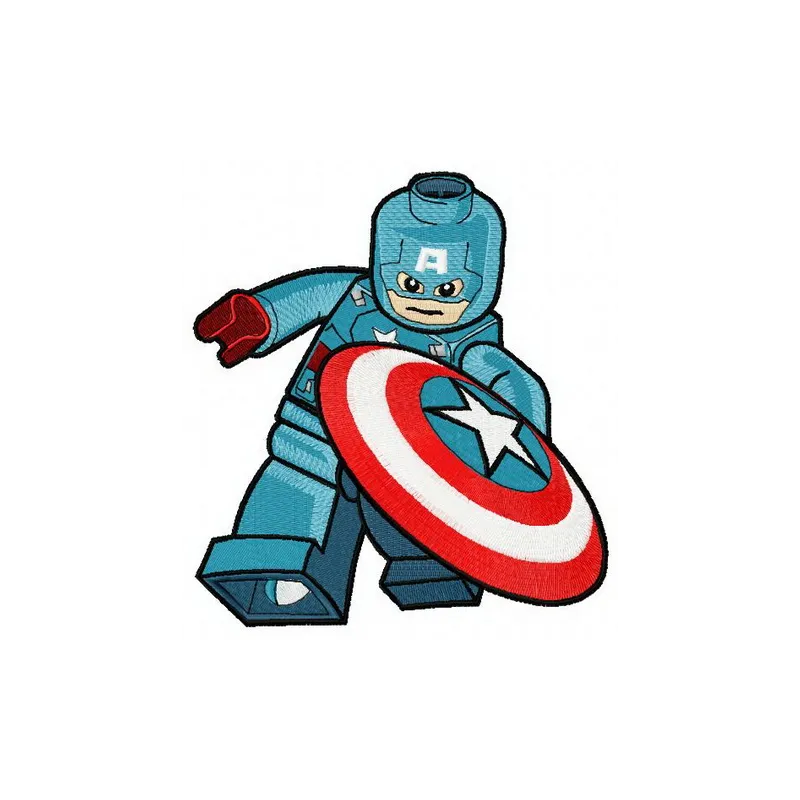 Preview of the Lego Captain America embroidery design, showcasing a fun and vibrant stitched motif for creative projects.