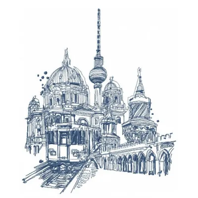 Berlin 2 embroidery design showcasing scenic travel motifs, perfect for embellishing bags and apparel.