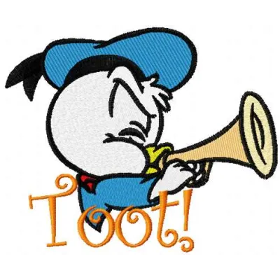 Duck trumpet toot embroidery design featuring a whimsical duck playing a trumpet, ideal for creative stitching projects.