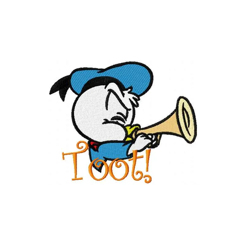 Duck trumpet toot embroidery design featuring a whimsical duck playing a trumpet, ideal for creative stitching projects.