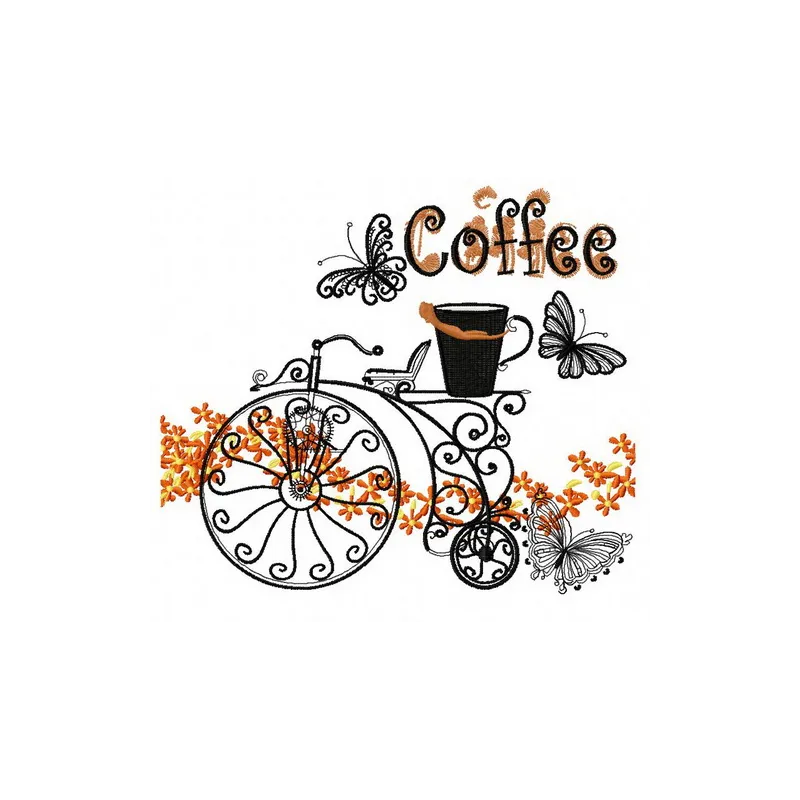 Preview of retro bicycle and coffee embroidery design featuring a charming bike and coffee cup motif.