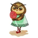 Owl with lollipop embroidery design showcasing a whimsical owl holding a colorful lollipop, perfect for creative projects.