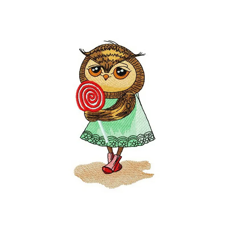 Owl with lollipop embroidery design showcasing a whimsical owl holding a colorful lollipop, perfect for creative projects.