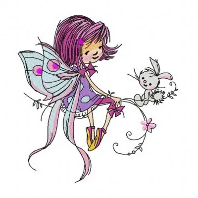 Charming young fairy embroidery design featuring delicate wings, perfect for enchanting projects like t-shirts or blankets.