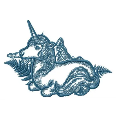 Unicorn and fern embroidery design showcasing a whimsical unicorn surrounded by delicate ferns, perfect for stitching.
