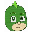 Greg as Gekko embroidery design from PJ Masks, showcasing a vibrant stitched motif for fun projects.