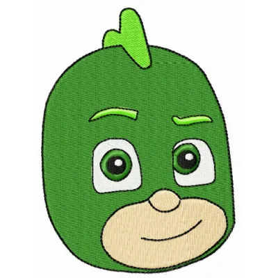 Greg as Gekko embroidery design from PJ Masks, showcasing a vibrant stitched motif for fun projects.