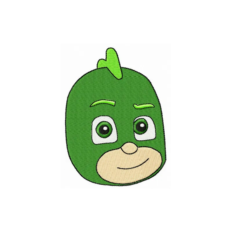 Greg as Gekko embroidery design from PJ Masks, showcasing a vibrant stitched motif for fun projects.