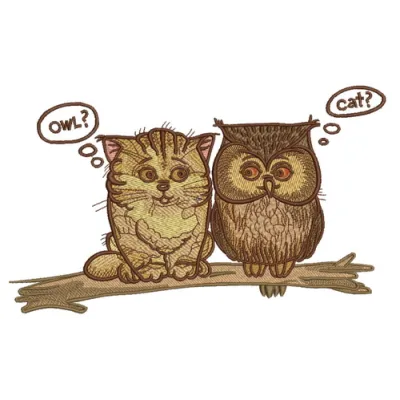Preview of a charming cat and owl embroidery design, showcasing whimsical details for your stitching projects.