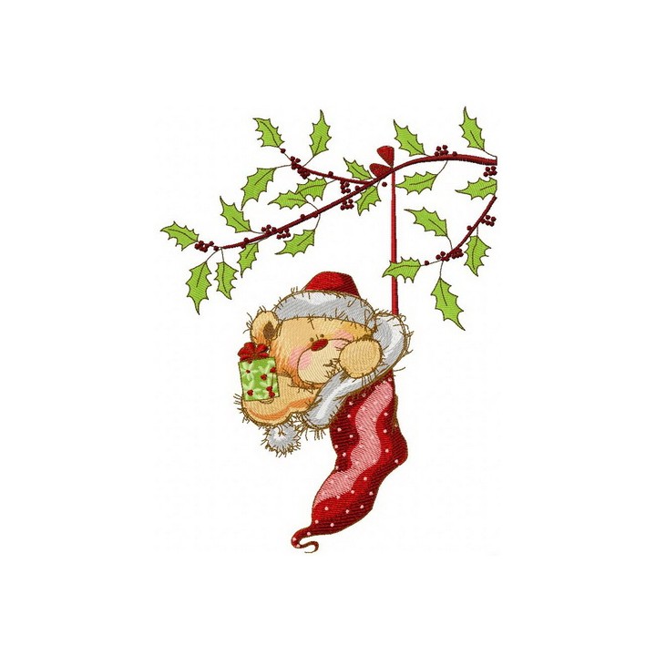 Teddy in Christmas sock embroidery design - Embroidery Design