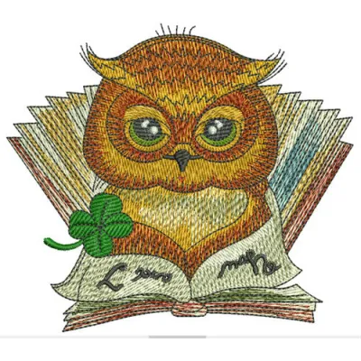 Clever owl reading a book embroidery design, showcasing intricate stitching patterns for creative projects.