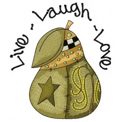 Live Laugh Love embroidery design featuring vibrant fruits and vegetables, perfect for creative projects.